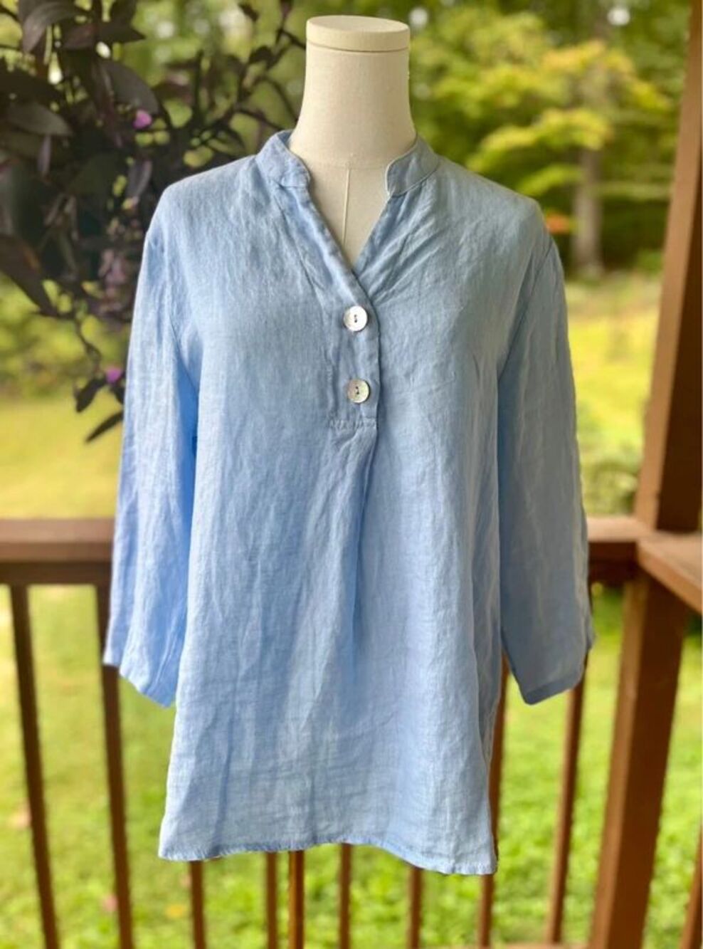 Flora Ashley S 100% Linen Blue Tunic Blouse Made in Italy